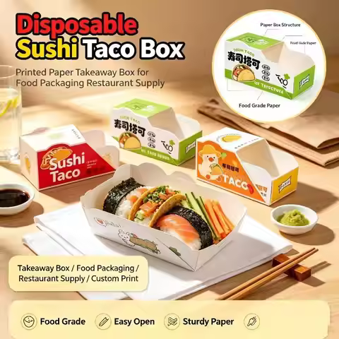 Disposable Sushi Taco Paper Boxes 50Pcs Greaseproof Cute Cartoon Printed for Bakery Cookie Dessert T