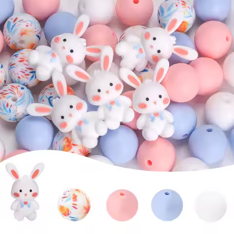 LOFCA 37pcs Silicone Rabbit Cock Focal Beads Set For DIY Bracelet Necklace Pens Keychains Jewelry Cr