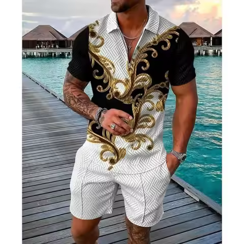 Summer Luxury Pattern 3D Print Men's Tracksuit Set Casual Zipper Polo Shirt Suit 2 pcs Sets Fashion 