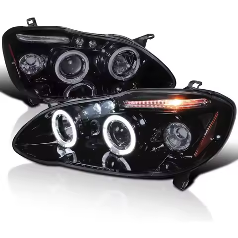 Halo LED Smoke Lens Glossy Black Housing Projector Headlights for 2003-2008 Toyota Corolla Left and