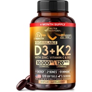 Vitamin D3 K2-D3 1,000iu and K2 120mcg-High Biological Use-120 Softgels | Vitamin D3K2+Zinc, Vitamin