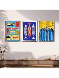 3 Piezas Póster De Animales Oceánicos Sin Marco Con Diseño De Sardina, Langosta Y Pez, Calcomanía De Pared Elegante En Papel Blanco Para Decoración De Sala De Estar Y Bar, Pintura Vintage Sin Marco