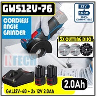 BOSCH GWS12-76V-EC CORDLESS ANGLE GRINDER C/W GAL12V-40 CHARGER + 2X 12V 2.0AH BATTERY (GWS1276VEC)