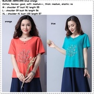 Baju Atasan Santai Bordir Bunga Blouse Wanita Korea Import Blue Orange