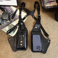 Tactical Vest Bag Mens Motorcycle Style Mobile Phone Chest Bag Street Trend PU Leather Workwear Shou