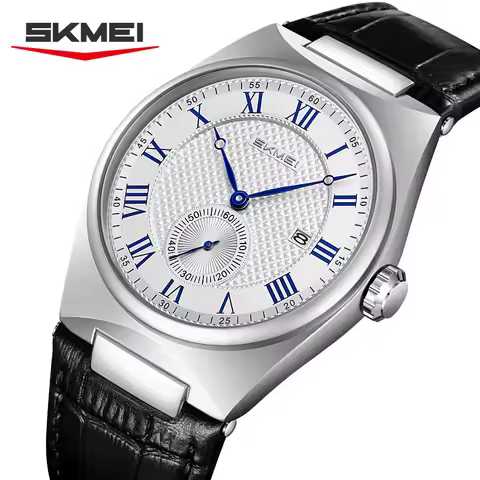 SKMEI 9390 Elegant Men's Quartz Watch Roman Scale Calendar Waterproof Leather Strap Casual Business 