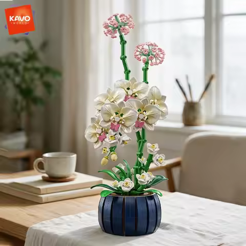 KAVOWORLD 683pcs White Orchid Flower Bouquet Building Blocks Phalaenopsis Artificial Butterfly Orchi