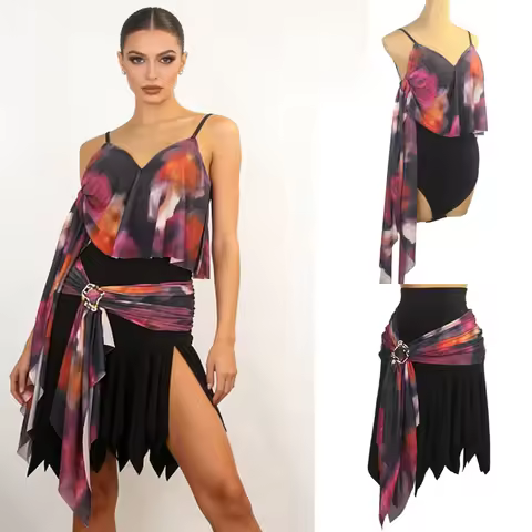 Summer Adults Latin Dance Suits Ribbon Balck Top Ruffled Skirts Costume Women'S Ballroom Dance Compe