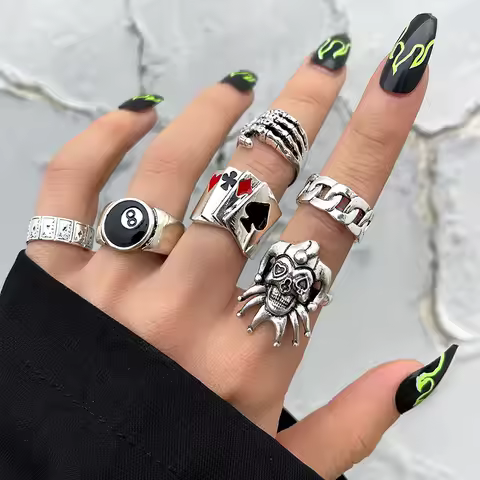 6Pcs Punk Poker Joker Silver Color Rings for Men Women Goth Skeleton Billiards Set Couple Emo Fashio