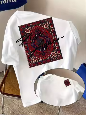 Men's Persian Style Print T-Shirt - Double-Sided Vibrant Design, Summer Beach Travel Essential, Crew