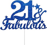 21 & Fabulous Cake Toppers Blue Glitter, Happy 21st Birthday Cake Topper Cheers to 21 Years Old Bday