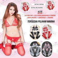 MERAH Bra Set Bh Cd + Thigh Belt + Red Lace Stockings Ac33B