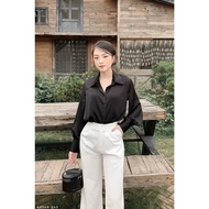 Áo sơ mi lụa nữ cổ đức dài tay form rộng dáng basic giấu khuy 3 màu thanh lịch thời trang công sở Ca