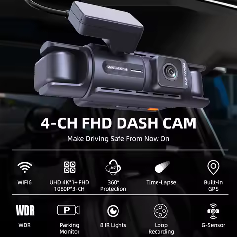 E-ACE Dashcam 4 Channel UHD 4K Car Dvr Built-in GPS WIFI Module Infrared Night Vision Front Left Rig