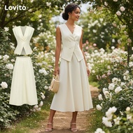 Lovito Elegant Skirt Sets for Women - Plain Pleated, Button Double Layer Top or Bottom L80ED249