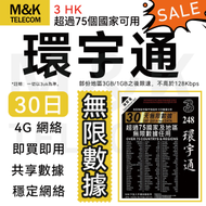 3香港 - 3HK【環宇通】 超75個國家可用 30日 上網卡 電話咭 無限數據 即買即用 4G全覆蓋 共享網絡 有效期長 sim卡 sim咭
