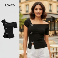 (trendy2)Lovito Casual Shirt Plain Asymmetrical Bow T-Summer/Spring Shirt for Women L131ED414 Lovito