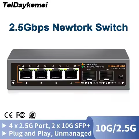 2.5Gbps Ethernet Switch 4 Port 2500Mbps Network Switcher 2 Port 10G SFP+ Slot Home Lab Hub Internet 
