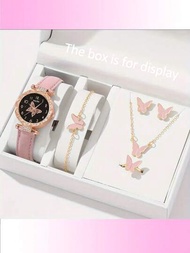 6入組女性可愛蝴蝶粉色圓形錶面石英手錶，精美蝴蝶珠寶手錶套裝，作為送給朋友的禮物