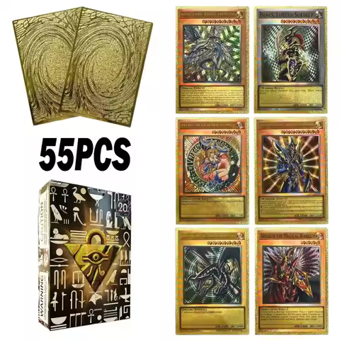 55pcs Golden Foil Plastic Yu-Gi-Oh Anime Cards in English Blue Eyes Exodia Obelisk Slifer Ra Yugioh 