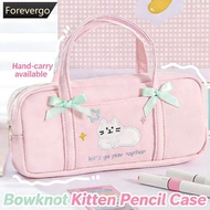 FOREVERGO Cartoon Cat Embroidery Pencil Case Bowknot Large Capacity Handheld Korean Stationery Bag P