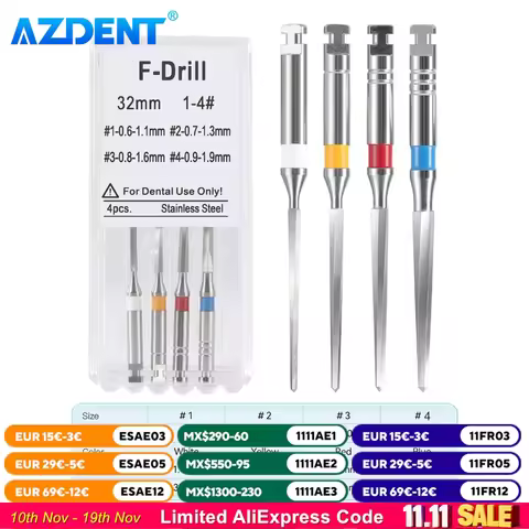 4pcs/Box AZDENT Dental Fiber Post Drills Root Canal F Drill Reamers Endodontic 32mm 1-4# Engine File