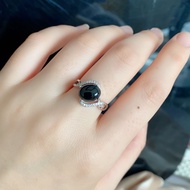 แหวนเพชรธรรมชาติสีดำ S925 เงินแท้สำหรับผู้หญิง แหวนเปิดนิ้วสไตล์บล็อกที่อเนกประสงค์และไม่แพ้แหวนเงิน