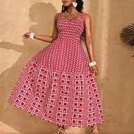 Elegant Vacation Spaghetti Strap Dress, Ankara Print A-Line Dress, Suitable For Travel, Family Gathe