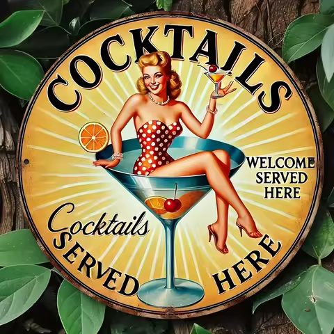 2D Flat, Vintage Cocktails Served Here Metal Tin Sign - 20.32x20.32 cm Round Aluminum Wall Art, Retr
