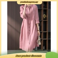 LAHSTORE straight linen dress with rolled-up sleeves and flared waist DS30 (Green)