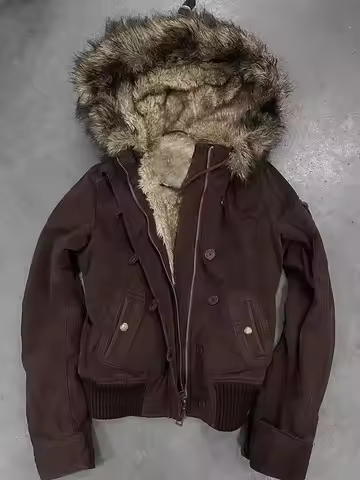 Y2K Fur Lined Bomber Jacket American Vintage Womens Brown Hooded Coat with Faux Fur Trim and Ribbed 