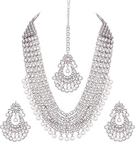 Silver Color Faux Kundan Necklace Earrings Maang Tikka Indian Bollywood Ethnic Bharatanatyam jewelle