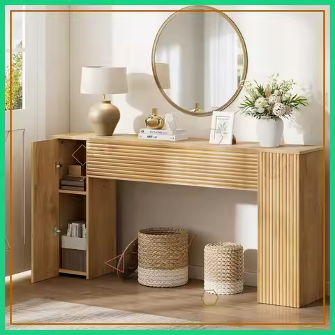61'' Fluted Console Table with Hidden Storage, Narrow Entryway Sofa Table for Living Room Hallway