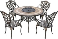 Outdoor Fire Pit 122cm/48" Garden Grill Table - Wood Burning Fire Pit, Aluminum Round Indoor And Outdoor Table And Chair Set-with 4 Chairs, Suitable For Garden Terrace Lawn