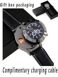 F663手錶風格防風usb電子打火機,男士金屬石英手錶打火機（附充電線）