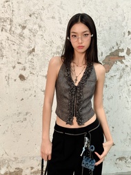 Áo Kiểu Gile Cổ Yếm Phối bèo Nhún Lưng Thun Màu Xám Xà Cừ - HOO DESIGN