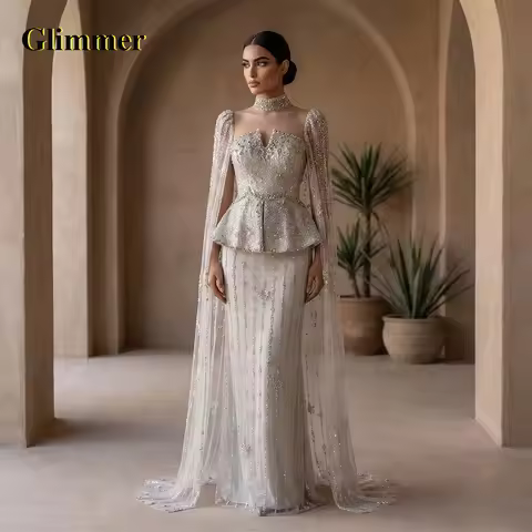 Glimmer Elegant Mermaid Celebrity Dresses with Beads Appliques Shawl Sleeves Young Girls Dresses Ves