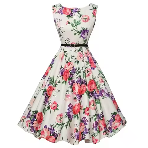 Women Dress Vintage Robe Audrey Hepburn Rockabilly Retro Sleeveless Print Party dresses Summer Vesti
