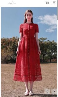 Caspia LiLi。LISA短袖氣質蕾絲珍珠釦紅洋裝。喜宴伴娘服