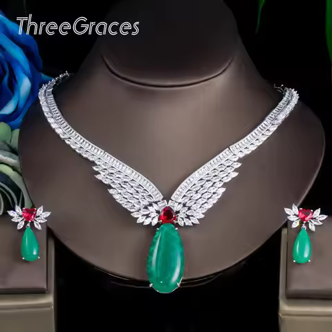 ThreeGraces Trendy Green CZ Zircon Stone Bridal Wedding Necklace Earrings Jewelry Sets for Women pen