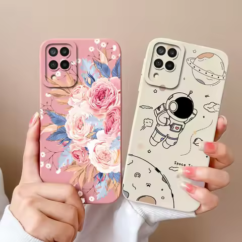 Case For Samsung A 12 M12 F12 Flower Astronaut Upgrade Lens Protection Soft Liquid Silicone Back Cov