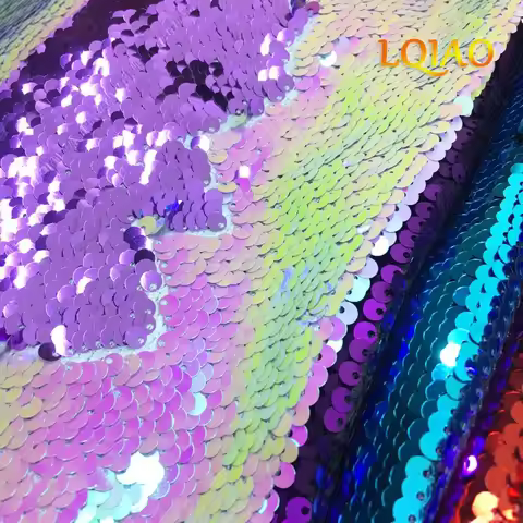 130*45CM Neon Pink/White/RoseGold/Rainbow Reversible Embroidered Mermaid Sequin Fabric For Dresses/P