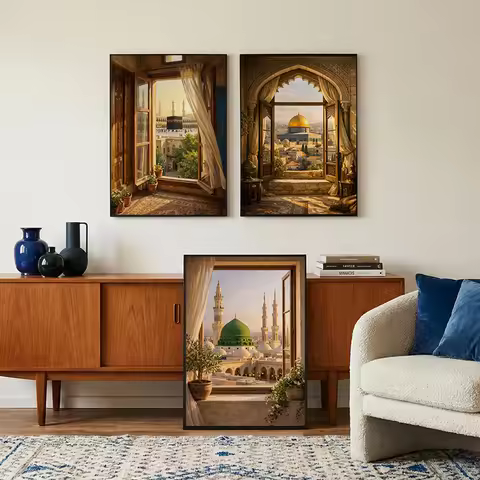 Window View of Mecca Al Masjid An Nabawi Al Aqsa Islamic Architecture Poster Canvas Painting Print f