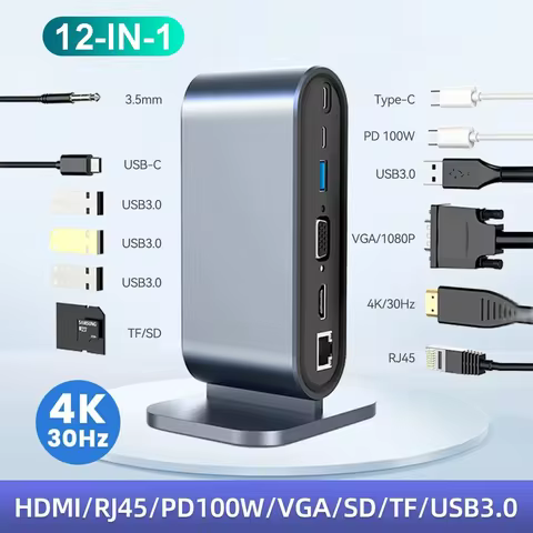 USB C Docking Station PD 100W USB C HUB Type C to HDMI-Compatible Adapter 4K 30Hz VGA RJ45 USB 3.0 H