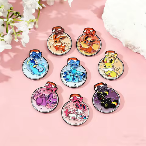 9Pcs Anime Pokemon Eeveelutions Brooch Badge Flareon Jolteon Espeon Leafeon in Bow Wish Bottle Ename