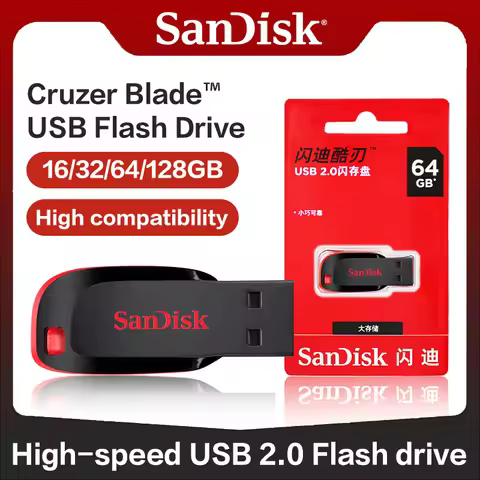 SanDisk 128G 16G 32G 64G Original Cruzer Blade USB Flash Drive Compact Design USB2.0 High-performanc