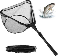 Landing Net Fishing, Rubberised Landing Net 40 x 30 cm, Two-Piece Folding Telescopic Fishing Landing