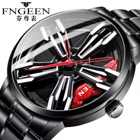 FNGEEN Racing Watch for Men Custom Super Car Rim Design Stainless Steel Black Retro Waterproof Mascu