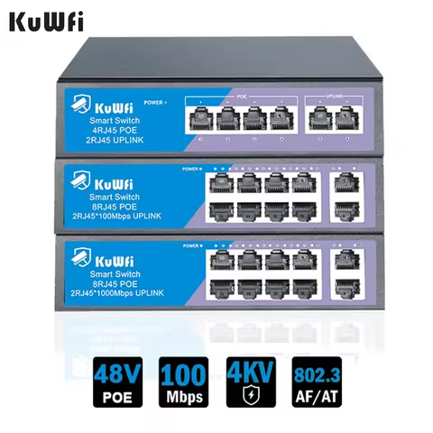 4 8 Port 10/100Mbps Ethernet Fast Switch High Power 60W/120W POE Switch IEEE 802.3AF/AT for IP Camer