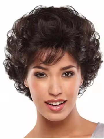 Dark Brown Short Curly Wavy Wig with Hair Bangs 100% Imported Premium Synthetic Fashion Brown Hair W